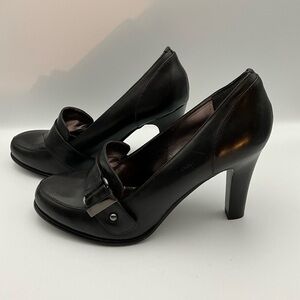 Maripe Black Leather High Heel Loafers with Buckle